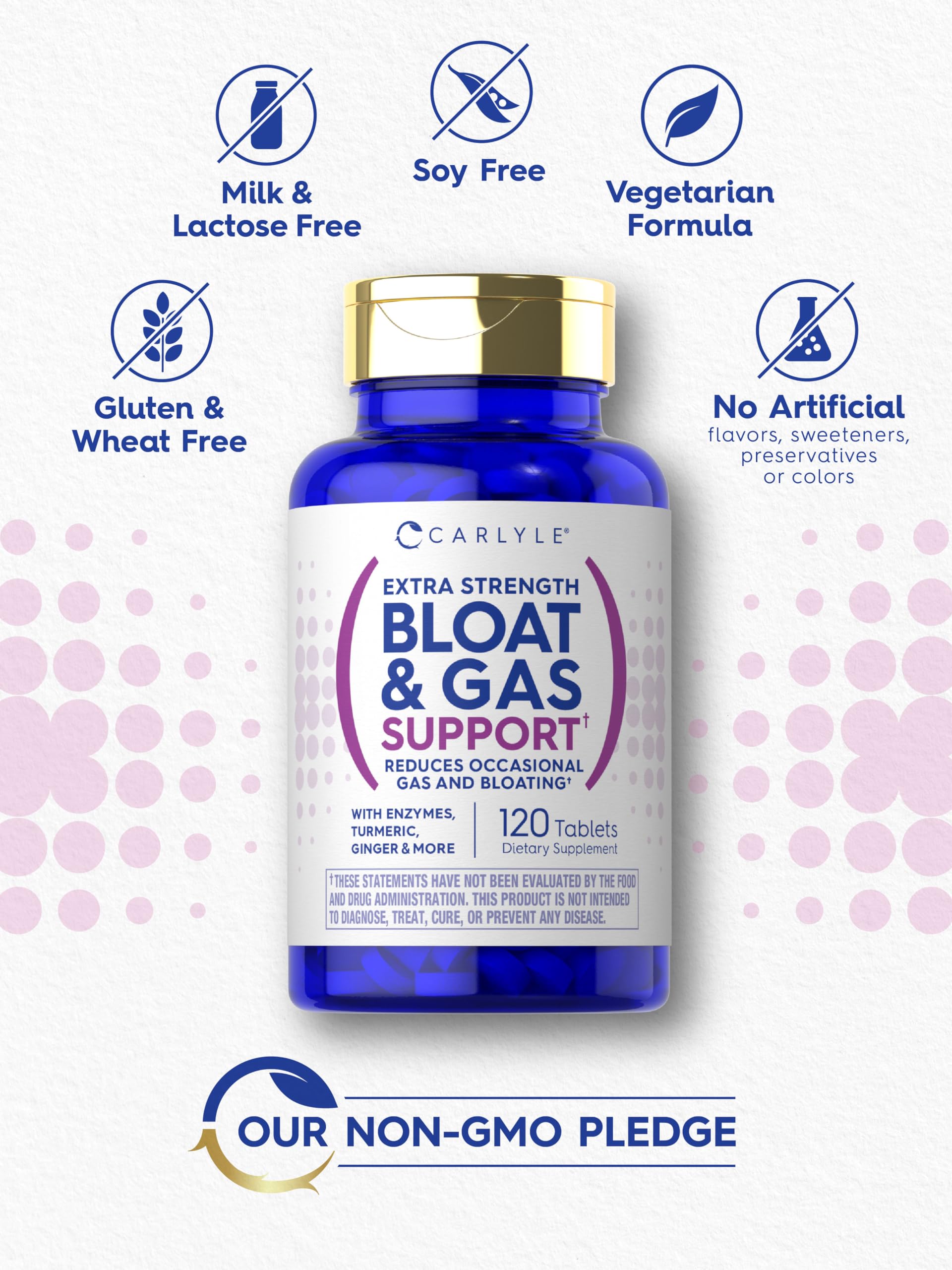 Carlyle Bloat & Gas Support for Men & Women | 120 Tablets | Extra Strength Pills | Supplement with Enzymes, Turmeric, Ginger & More | Non-GMO & Vegetarian Formula